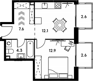 Планировка однокомнатная 42.1 м² в ЖК «Аквилон Сигнал», корпус 2