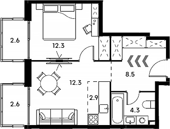 Планировка евродвушка (2Е) 45.5 м² в ЖК «Аквилон Сигнал», корпус 2