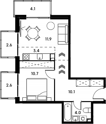 Планировка евродвушка (2Е) 49.4 м² в ЖК «Аквилон Сигнал», корпус 2