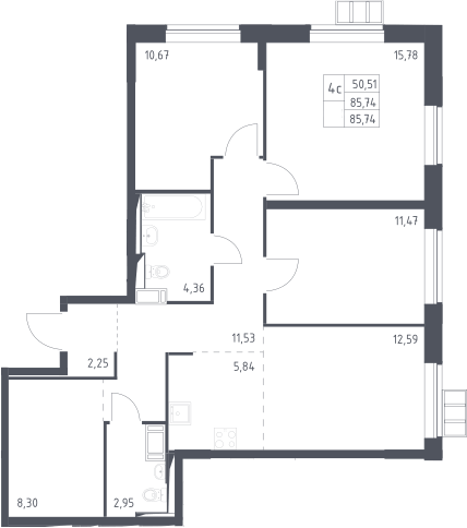 Планировка евро-4 (4Е) 85.74 м² в ЖК «Алхимово», корпус 12