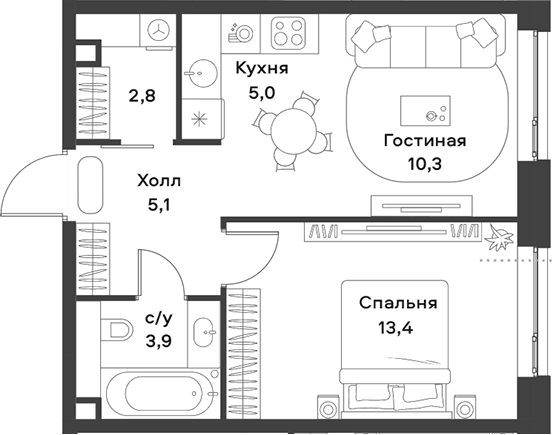 Планировка евродвушка (2Е) 40.4 м² в ЖК «АЛИА», корпус К6