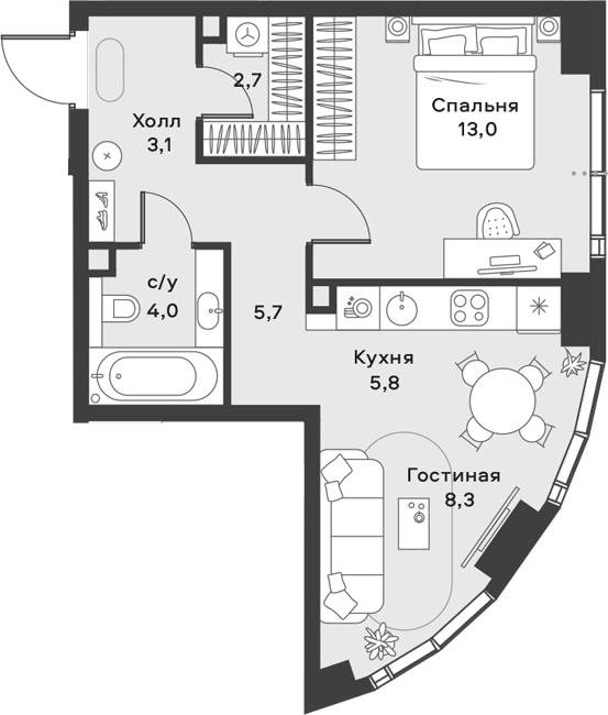Планировка евродвушка (2Е) 42.6 м² в ЖК «АЛИА», корпус K2