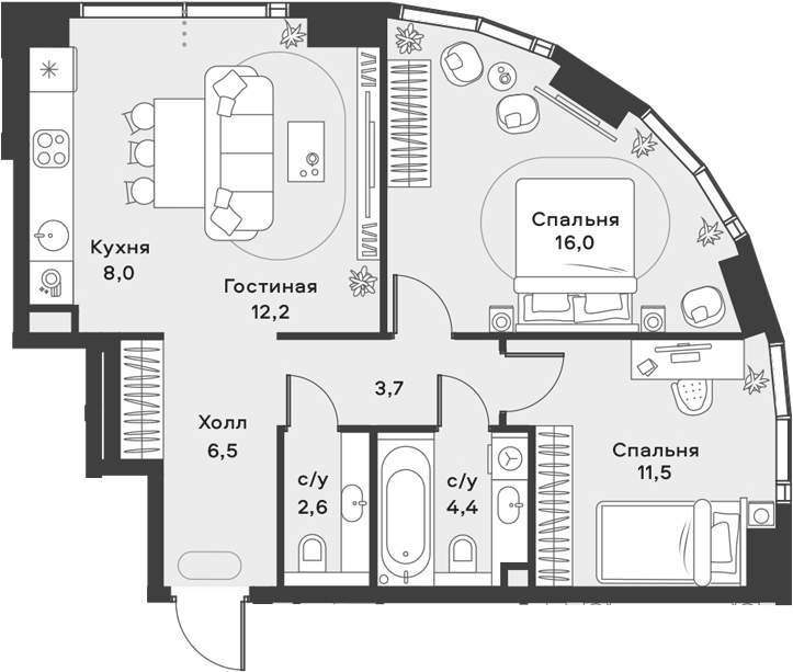 Планировка евротрёшка (3Е) 64.9 м² в ЖК «АЛИА», корпус K2
