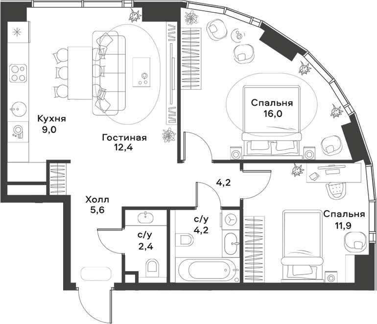 Планировка евротрёшка (3Е) 65.7 м² в ЖК «АЛИА», корпус К1