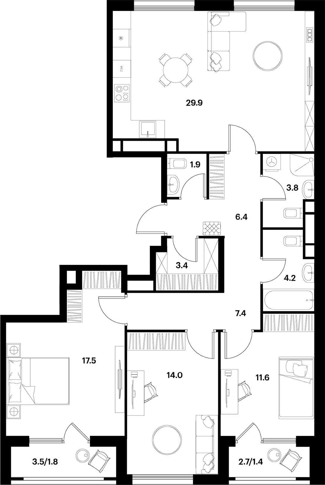 Планировка евро-4 (4Е) 102 м² в ЖК «АЛИА», корпус 2