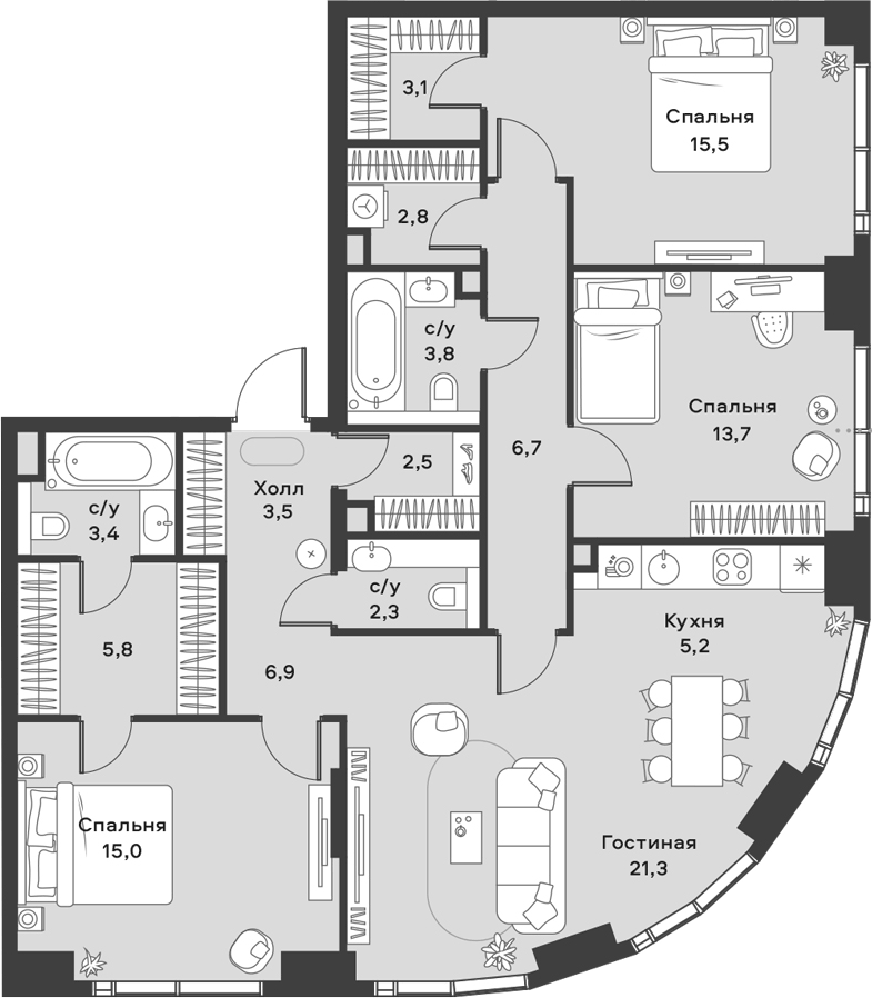 Планировка евро-4 (4Е) 111.5 м² в ЖК «АЛИА», корпус K2