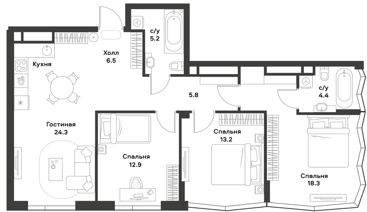 Планировка евро-4 (4Е) 90.6 м² в ЖК «АЛИА», корпус 3