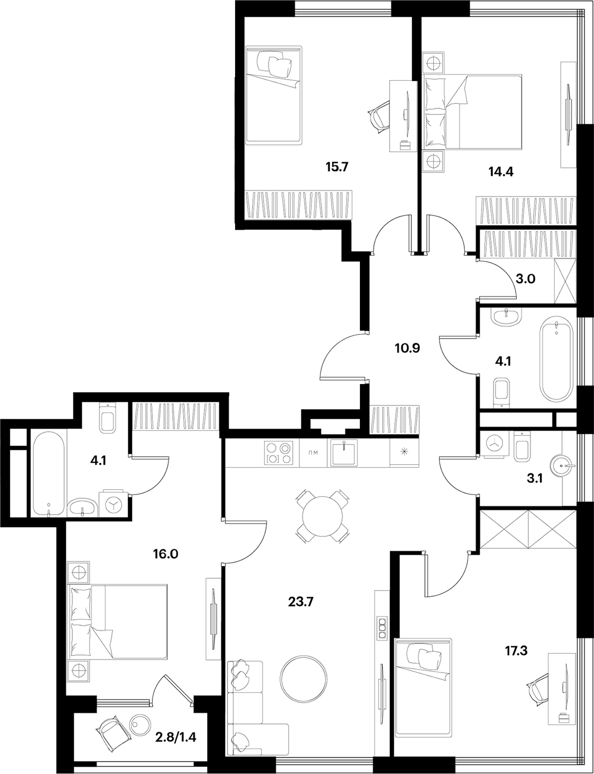 Планировка 5Е-к.кв 113.7 м² в ЖК «АЛИА», корпус 2