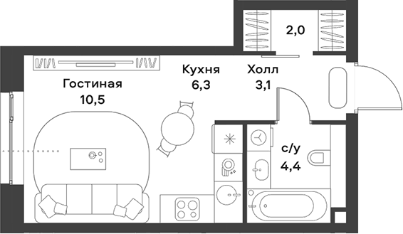 Планировка Студии 26.3 м² в ЖК «АЛИА», корпус К6