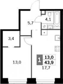 Планировка однокомнатная 43.9 м² в ЖК «Амбер Сити», корпус 4