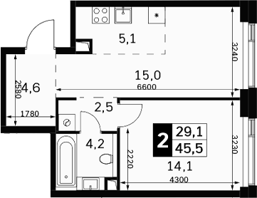 Планировка евродвушка (2Е) 45.5 м² в ЖК «Амбер Сити», корпус 6