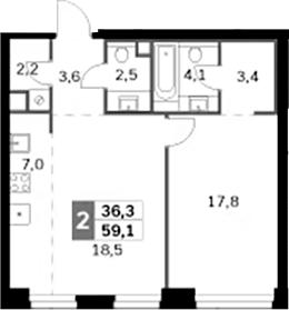 Планировка евродвушка (2Е) 59.1 м² в ЖК «Амбер Сити», корпус 4