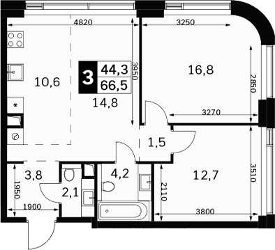 Планировка евротрёшка (3Е) 66.5 м² в ЖК «Амбер Сити», корпус 6