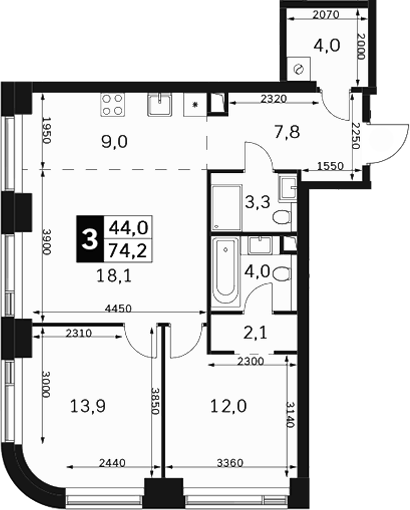 Планировка евротрёшка (3Е) 74.2 м² в ЖК «Амбер Сити», корпус 6