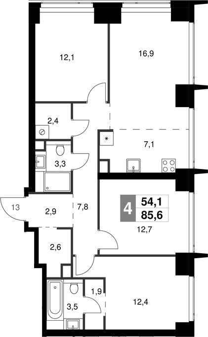 Планировка евро-4 (4Е) 85.6 м² в ЖК «Амбер Сити», корпус 5