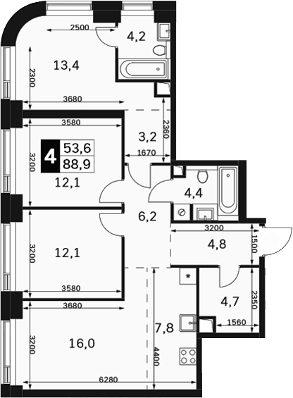 Планировка евро-4 (4Е) 88.9 м² в ЖК «Амбер Сити», корпус 6
