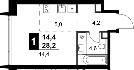 Планировка Студии 28.2 м² в ЖК «Амбер Сити», корпус 5