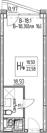 Планировка Студии 22.58 м² в ЖК «Аметист», корпус 1