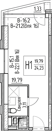 Планировка Студии 24.23 м² в ЖК «Аметист», корпус 1