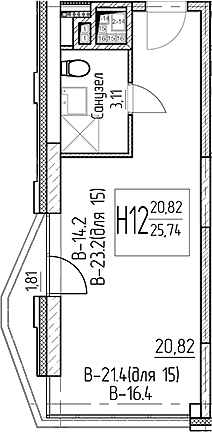 Планировка Студии 25.74 м² в ЖК «Аметист», корпус 1