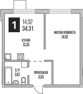 Планировка однокомнатная 34.31 м² в ЖК «Гранель Аникеевский», корпус 1.1