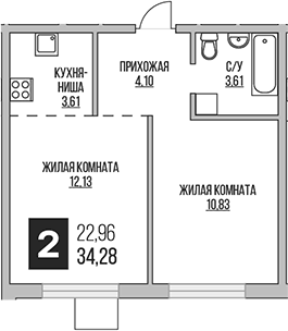 Планировка евродвушка (2Е) 34.28 м² в ЖК «Гранель Аникеевский», корпус 1.1
