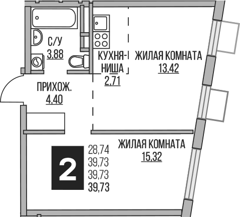 Планировка евродвушка (2Е) 39.73 м² в ЖК «Гранель Аникеевский», корпус 9