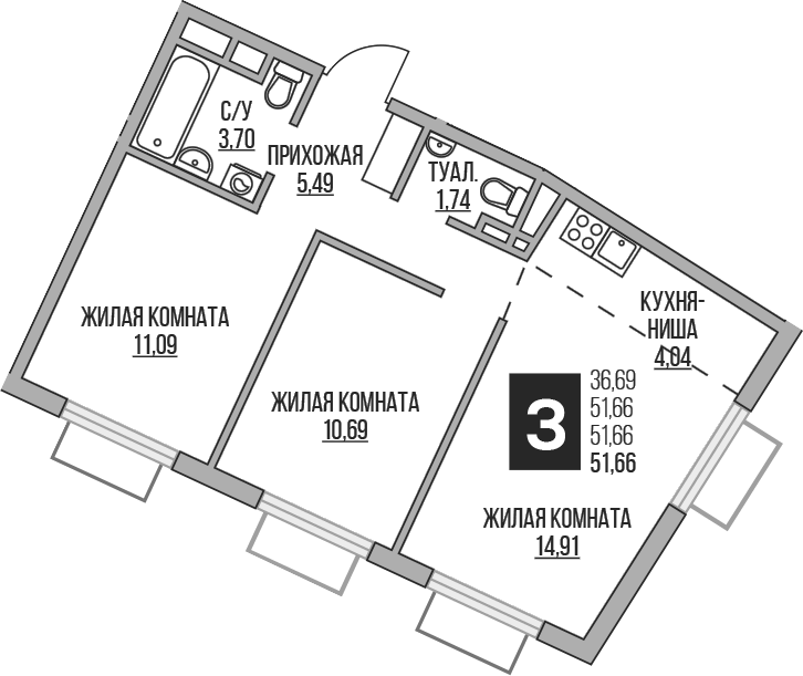 Планировка евротрёшка (3Е) 51.66 м² в ЖК «Гранель Аникеевский», корпус 7