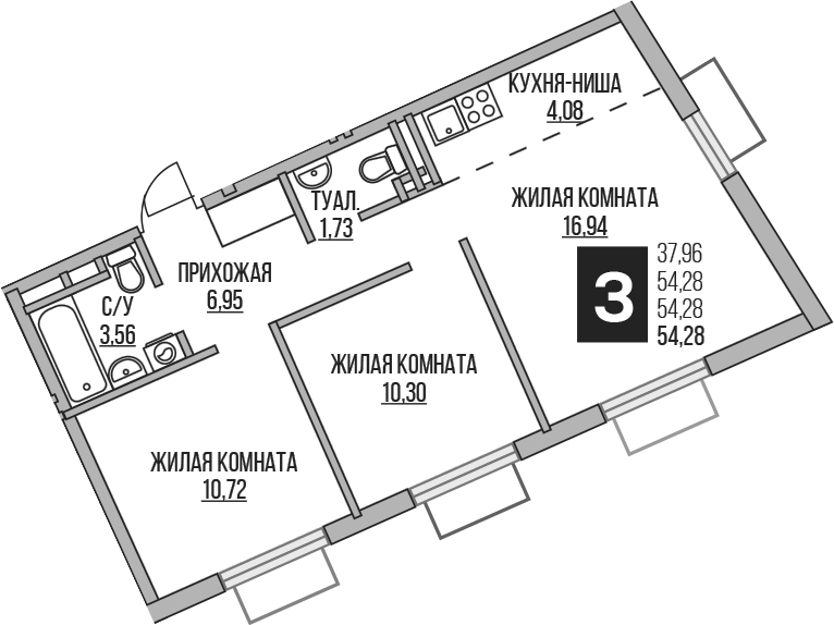 Планировка евротрёшка (3Е) 54.28 м² в ЖК «Гранель Аникеевский», корпус 9