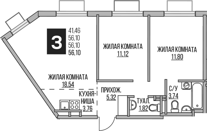 Планировка евротрёшка (3Е) 56.1 м² в ЖК «Гранель Аникеевский», корпус 9