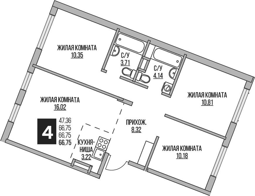Планировка евро-4 (4Е) 66.75 м² в ЖК «Гранель Аникеевский», корпус 10