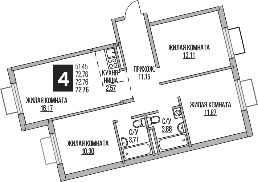 Планировка евро-4 (4Е) 72.76 м² в ЖК «Гранель Аникеевский», корпус 9