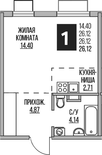 Планировка Студии 26.12 м² в ЖК «Гранель Аникеевский», корпус 10