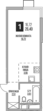 Планировка Студии 26.4 м² в ЖК «Гранель Аникеевский», корпус 1.2