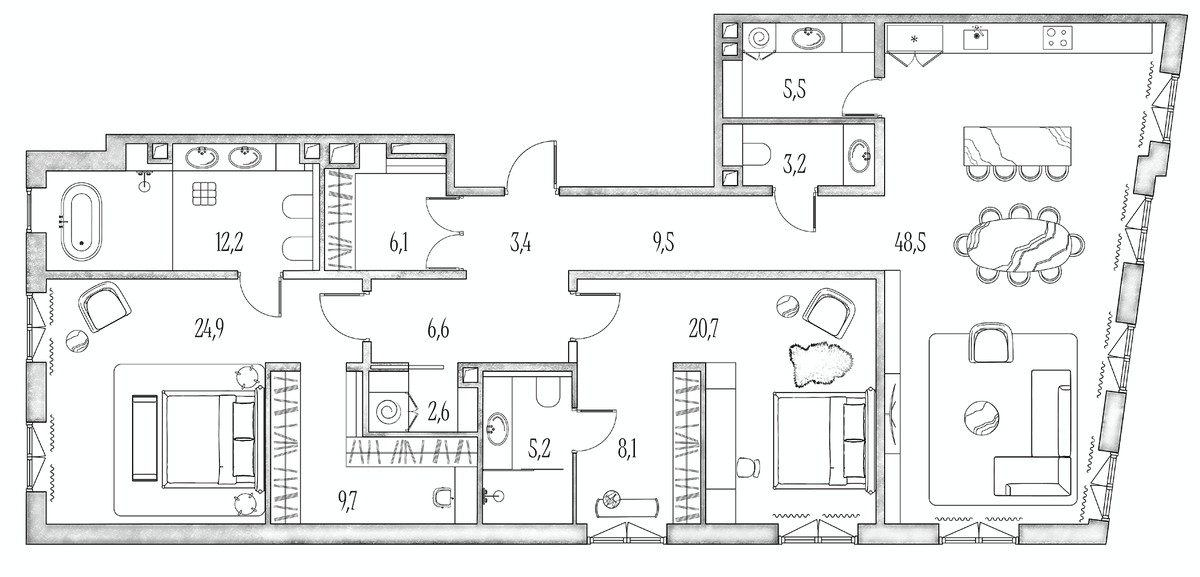 Планировка евротрёшка (3Е) 170.1 м² в ЖК «Аннабель», корпус 1
