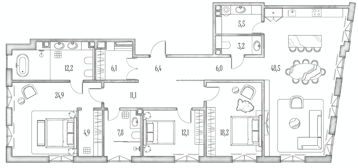 Планировка евро-4 (4Е) 171 м² в ЖК «Аннабель», корпус 1