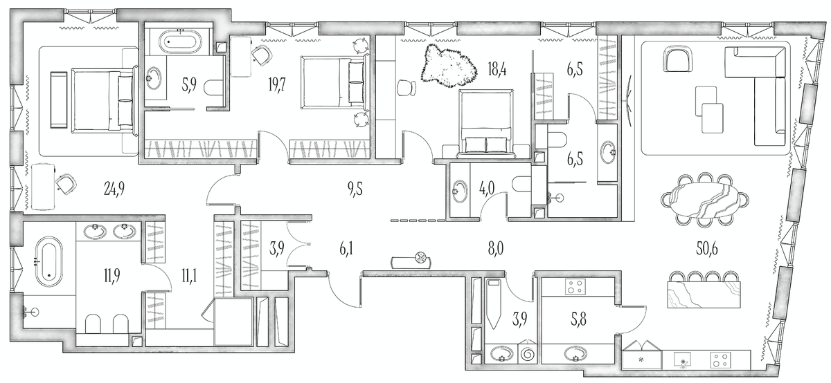 Планировка евро-4 (4Е) 205.7 м² в ЖК «Аннабель», корпус 1