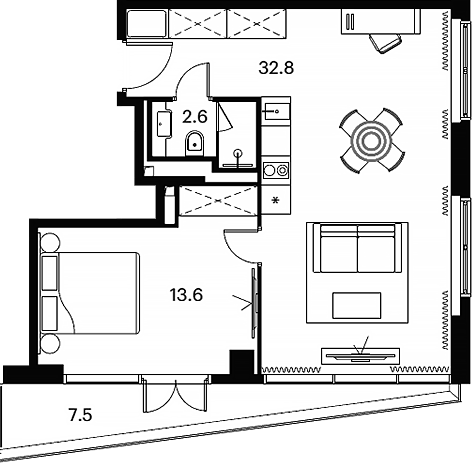 Планировка евродвушка (2Е) 56.5 м² в ЖК «Апарт-отель Аквилон Сигнал», корпус 4