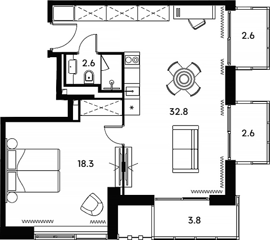 Планировка евродвушка (2Е) 62.7 м² в ЖК «Апарт-отель Аквилон Сигнал», корпус 4