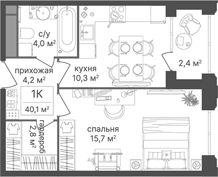 Планировка однокомнатная 40.1 м² в ЖК «Гостиничный комплекс Варшавские ворота», корпус 2