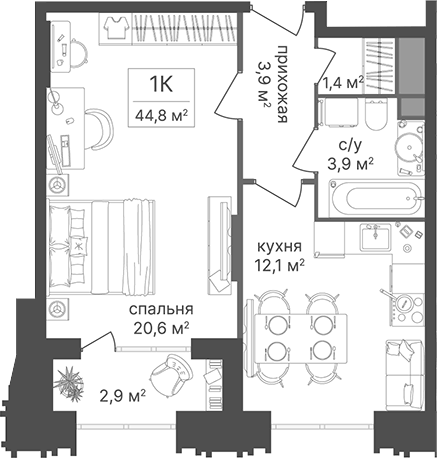 Планировка однокомнатная 44.8 м² в ЖК «Гостиничный комплекс Варшавские ворота», корпус 2