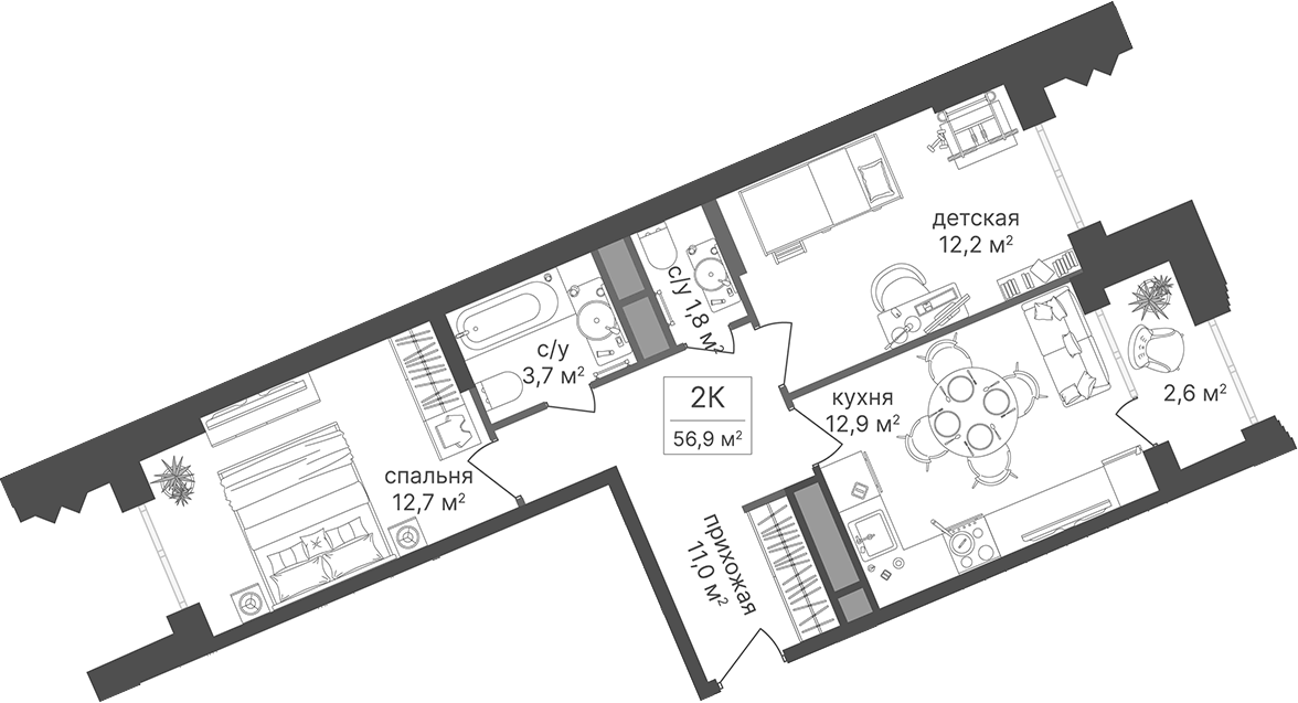 Планировка двухкомнатная 56.9 м² в ЖК «Гостиничный комплекс Варшавские ворота», корпус 2