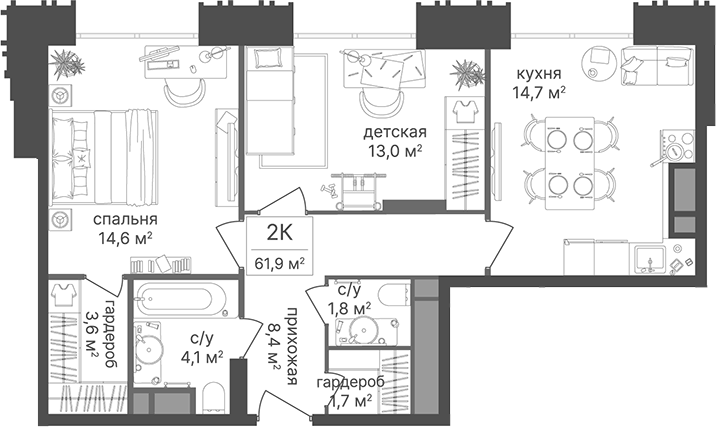 Планировка двухкомнатная 61.9 м² в ЖК «Гостиничный комплекс Варшавские ворота», корпус 2