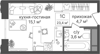 Планировка Студии 23.4 м² в ЖК «Гостиничный комплекс Варшавские ворота», корпус 2
