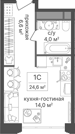 Планировка Студии 24.6 м² в ЖК «Гостиничный комплекс Варшавские ворота», корпус 2