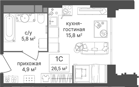 Планировка Студии 26.5 м² в ЖК «Гостиничный комплекс Варшавские ворота», корпус 2