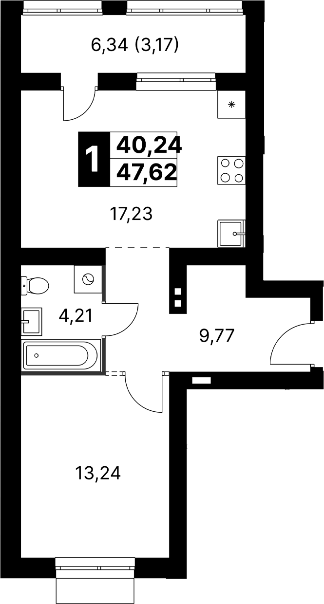 Планировка однокомнатная 47.62 м² в ЖК «Апрелевка Клаб», корпус 4