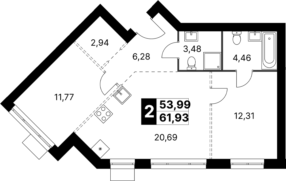 Планировка евротрёшка (3Е) 61.93 м² в ЖК «Апрелевка Клаб», корпус 4