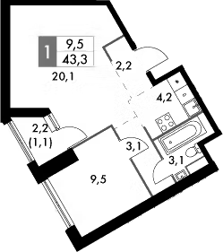 Планировка однокомнатная 43.3 м² в ЖК «Архитектор», корпус 3