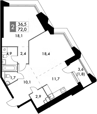 Планировка однокомнатная 72 м² в ЖК «Архитектор», корпус 3